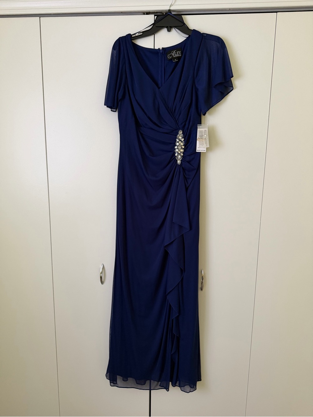 Alex Evenings Navy Evening Gown with Embellished Side Detail